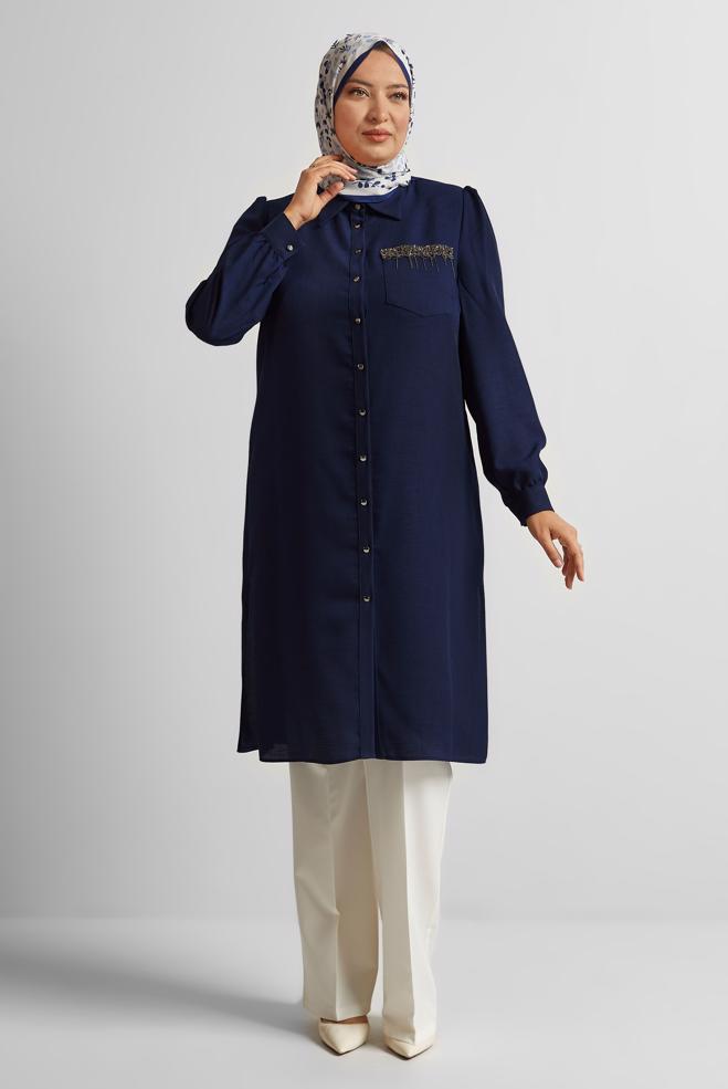 Vêtements hijab BLEU MARINE TUNIQUE À COL CHEMISE 20751 - ALVİNA