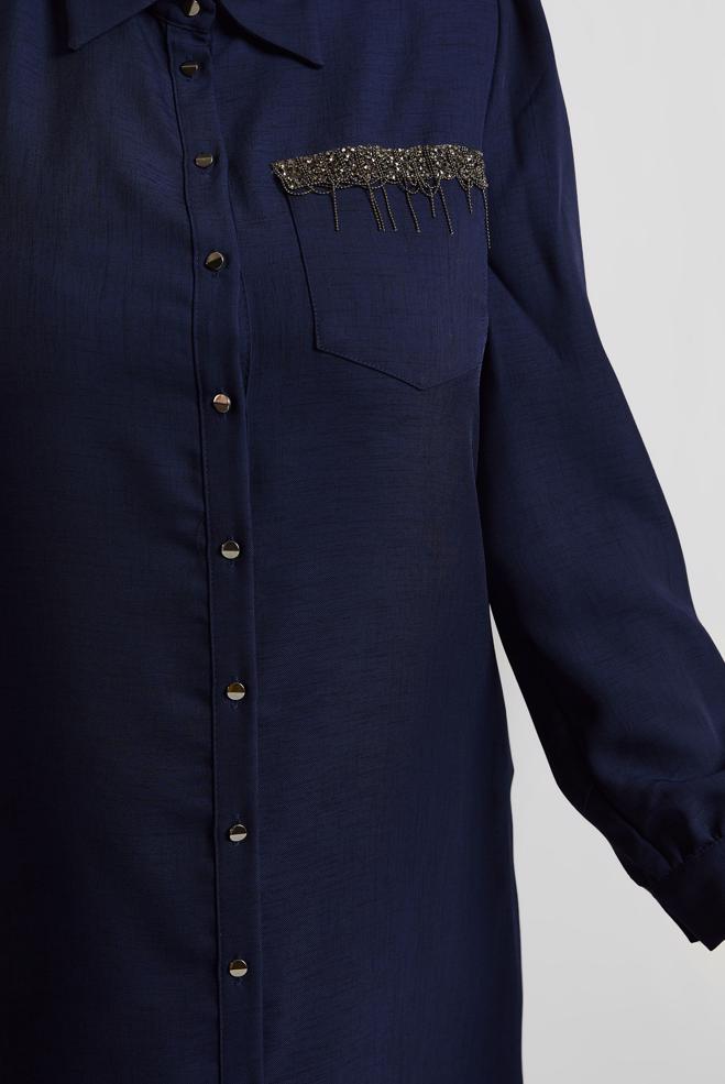 Vêtements hijab BLEU MARINE TUNIQUE À COL CHEMISE 20751 - ALVİNA
