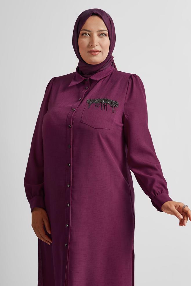 Vêtements hijab POURPRE TUNIQUE À COL CHEMISE 20751 - ALVİNA