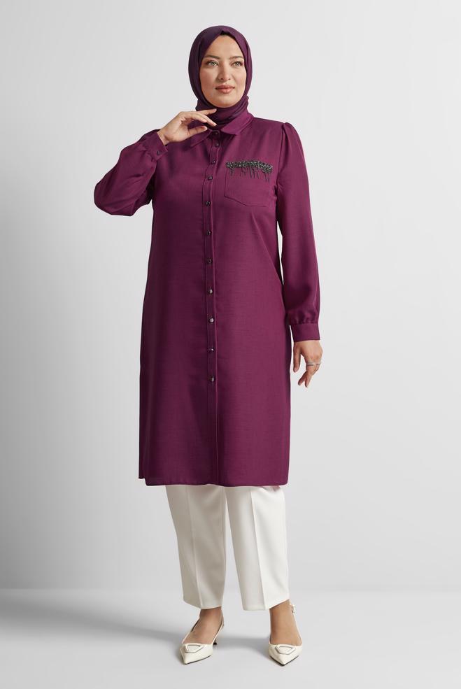 Vêtements hijab POURPRE TUNIQUE À COL CHEMISE 20751 - ALVİNA