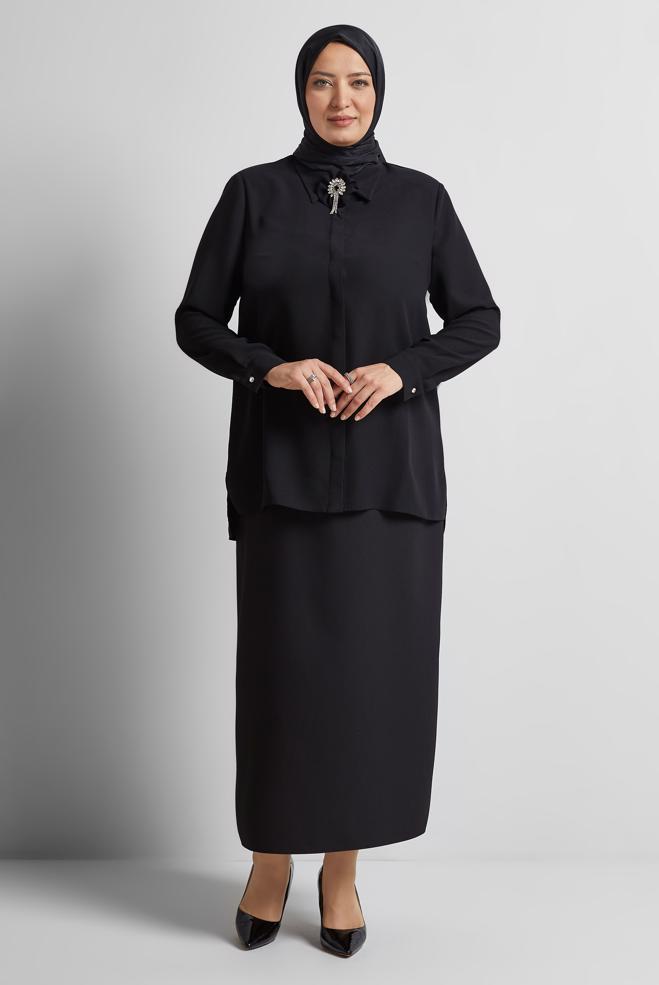 Vêtements hijab NOIR TUNIQUE AVEC BROCHE 20752 - ALVİNA