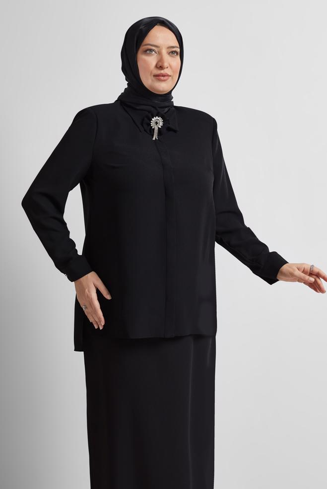 Vêtements hijab NOIR TUNIQUE AVEC BROCHE 20752 - ALVİNA