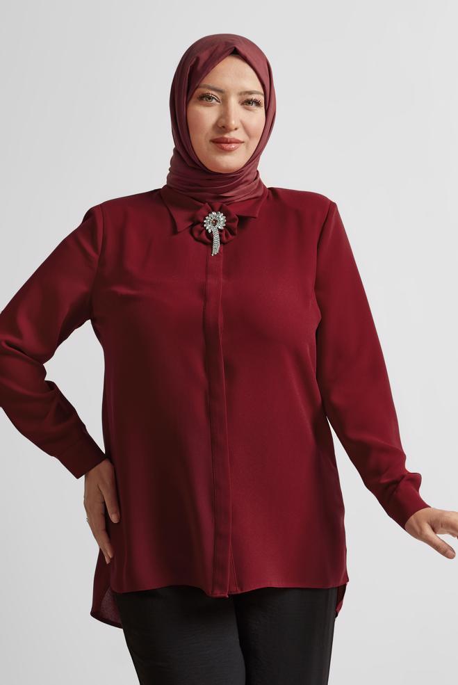 Vêtements hijab ROUGE BORDEAUX TUNIQUE AVEC BROCHE 20752 - ALVİNA