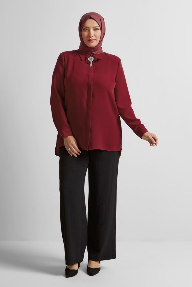 Vêtements hijab ROUGE BORDEAUX TUNIQUE AVEC BROCHE 20752 - ALVİNA
