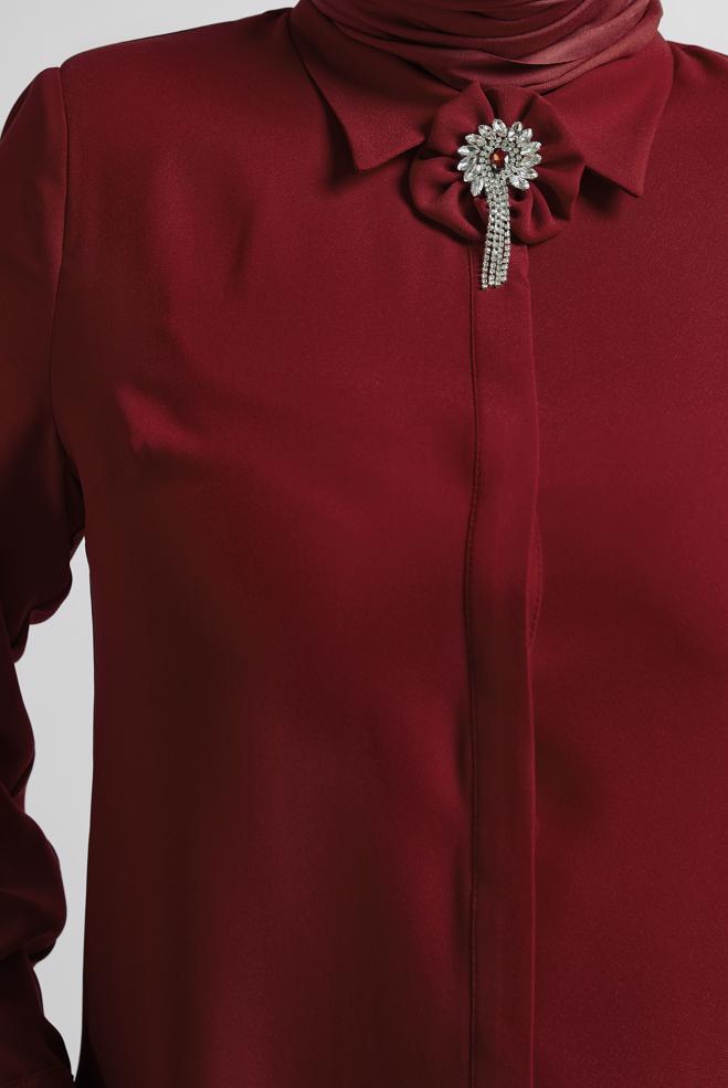 Vêtements hijab ROUGE BORDEAUX TUNIQUE AVEC BROCHE 20752 - ALVİNA