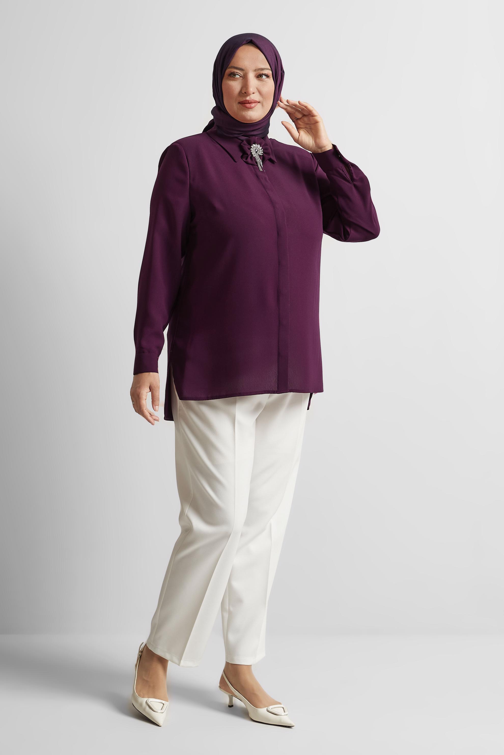 Tesettür giyim MÜRDÜM BÜYÜK BEDEN BROŞ DETAYLI TUNİK 20752