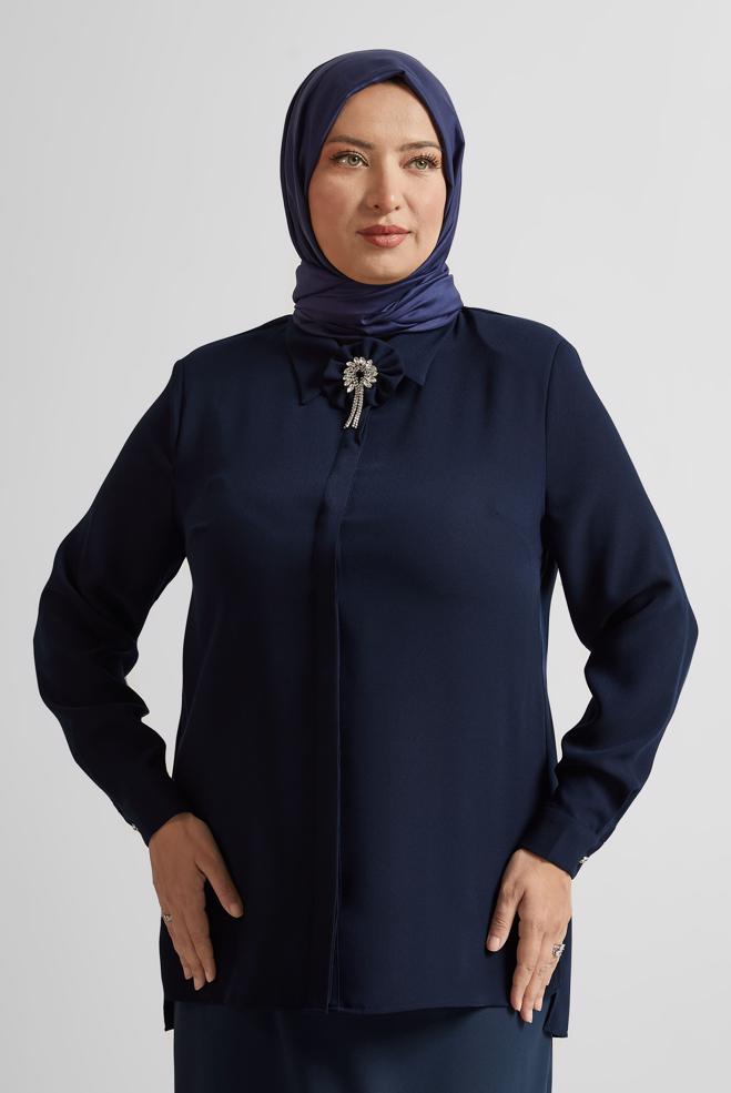 Vêtements hijab BLEU MARINE TUNIQUE AVEC BROCHE 20752 - ALVİNA