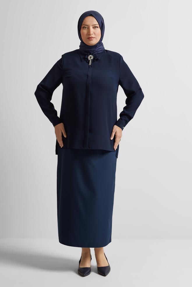 Vêtements hijab BLEU MARINE TUNIQUE AVEC BROCHE 20752 - ALVİNA