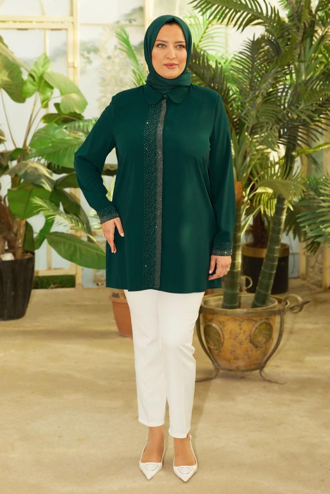 Vêtements hijab VERT TUNIQUE BRODÉE DE GEMMES 20756 - ALVİNA