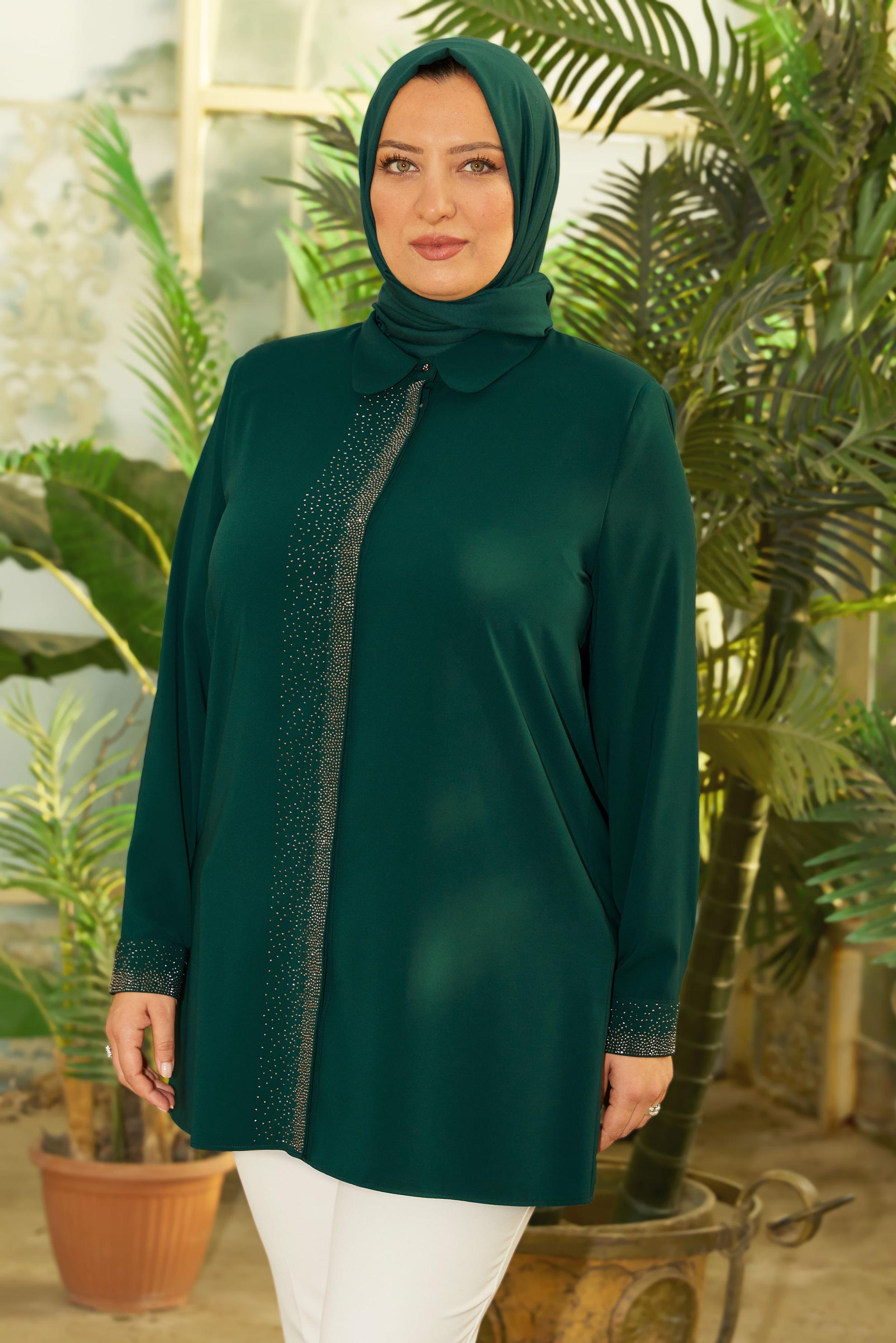 Vêtements hijab VERT TUNIQUE BRODÉE DE GEMMES 20756