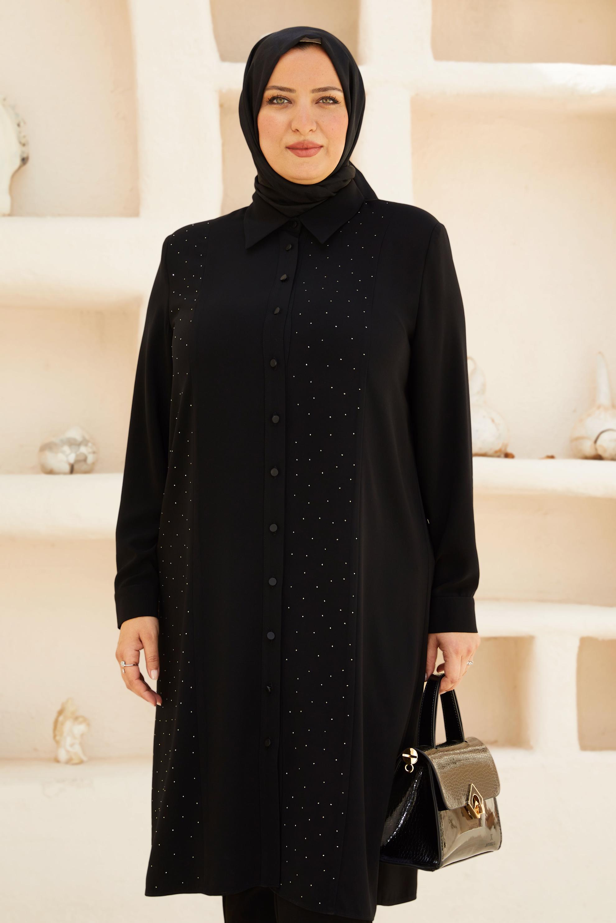 Vêtements hijab NOIR TUNIQUE AVEC DÉTAIL DE GEMME 20757