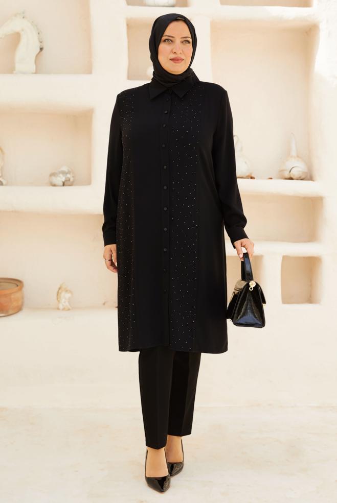 Vêtements hijab NOIR TUNIQUE AVEC DÉTAIL DE GEMME 20757 - ALVİNA