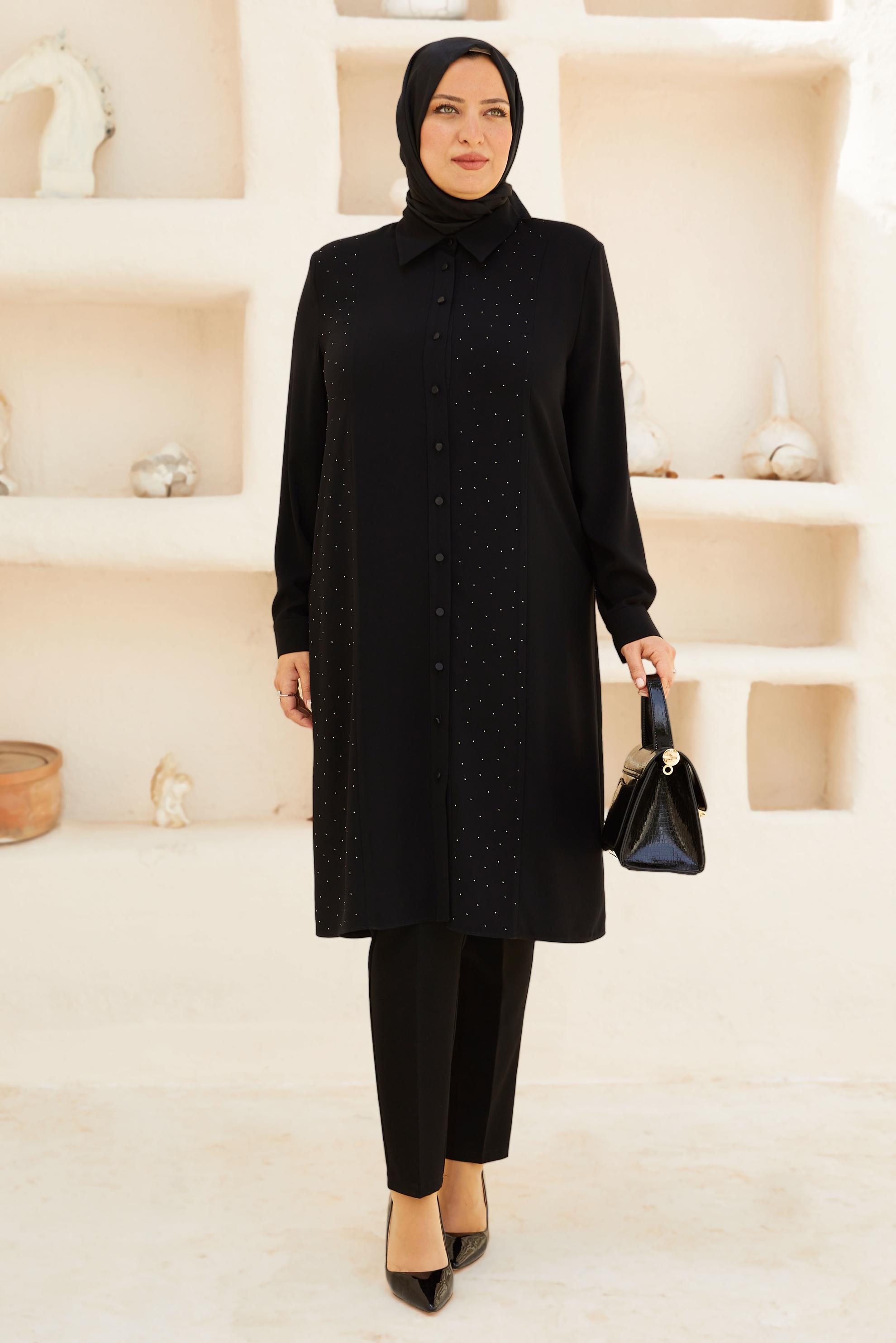 Vêtements hijab NOIR TUNIQUE AVEC DÉTAIL DE GEMME 20757