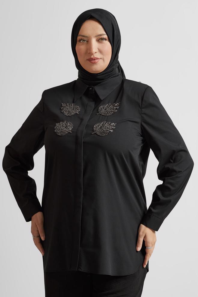 Vêtements hijab NOIR TUNIQUE À COL CHEMISE 20758 - ALVİNA
