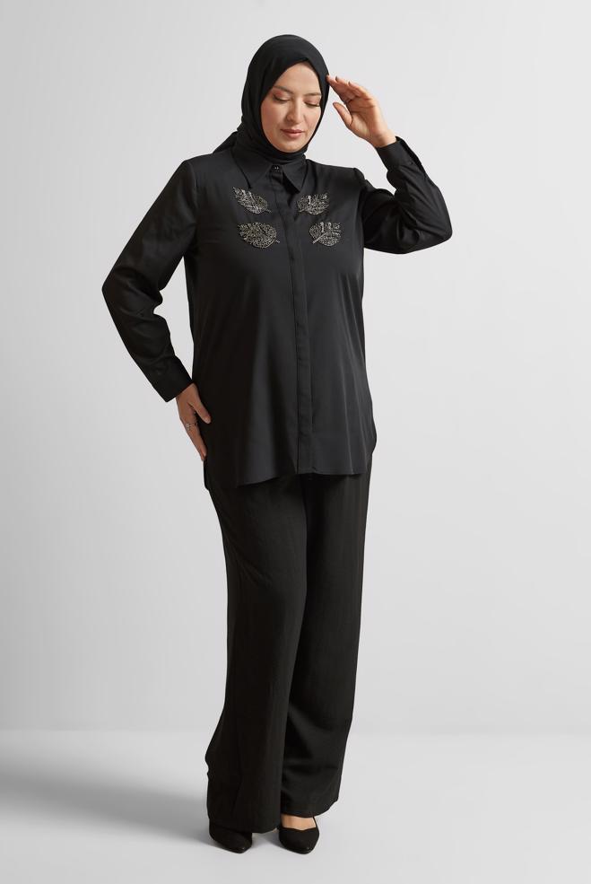 Vêtements hijab NOIR TUNIQUE À COL CHEMISE 20758 - ALVİNA