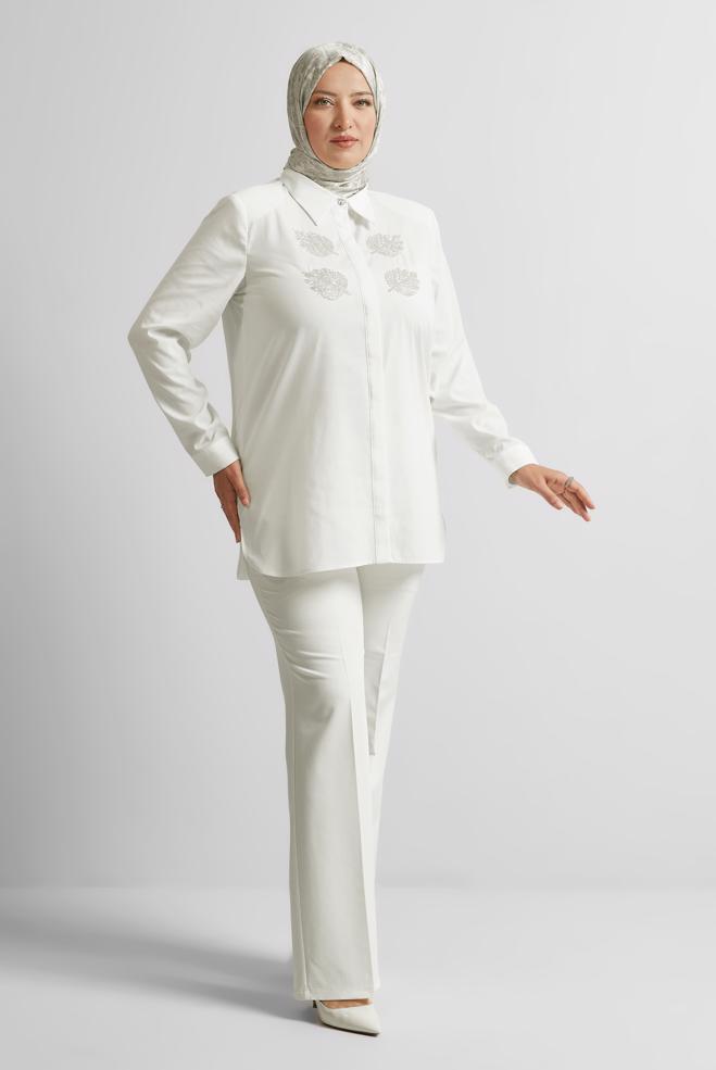 Vêtements hijab BLANC TUNIQUE À COL CHEMISE 20758 - ALVİNA