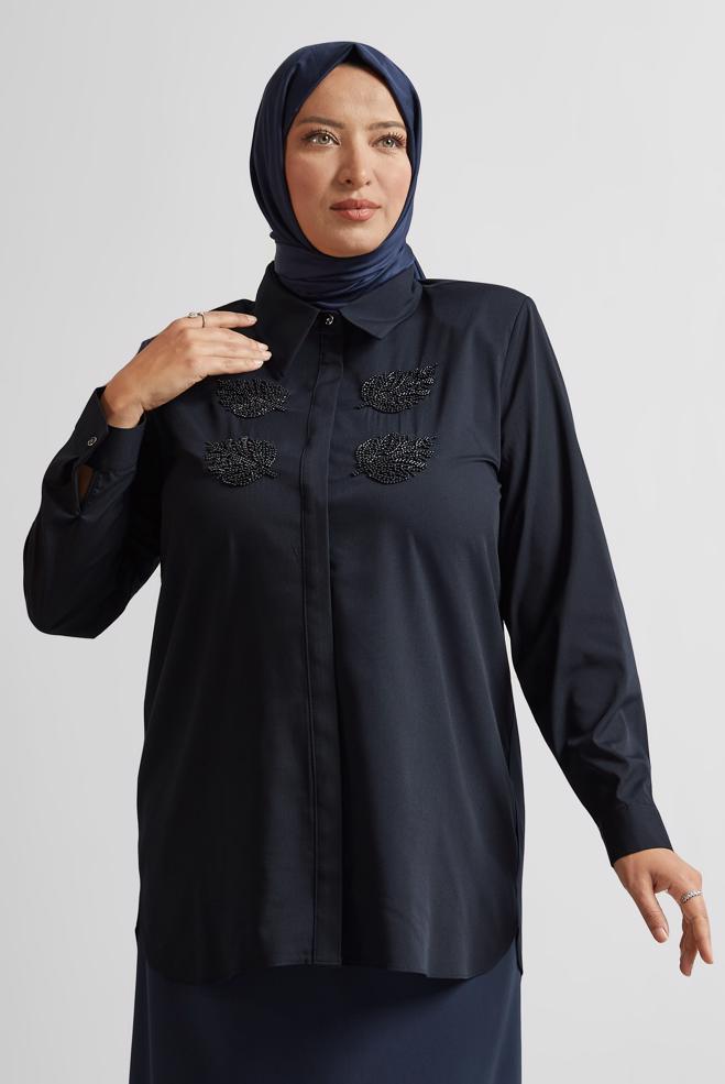 Vêtements hijab BLEU MARINE TUNIQUE À COL CHEMISE 20758 - ALVİNA