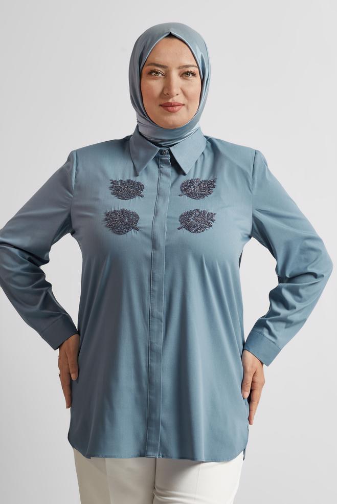 Vêtements hijab BLEU MARINE TUNIQUE À COL CHEMISE 20758 - ALVİNA
