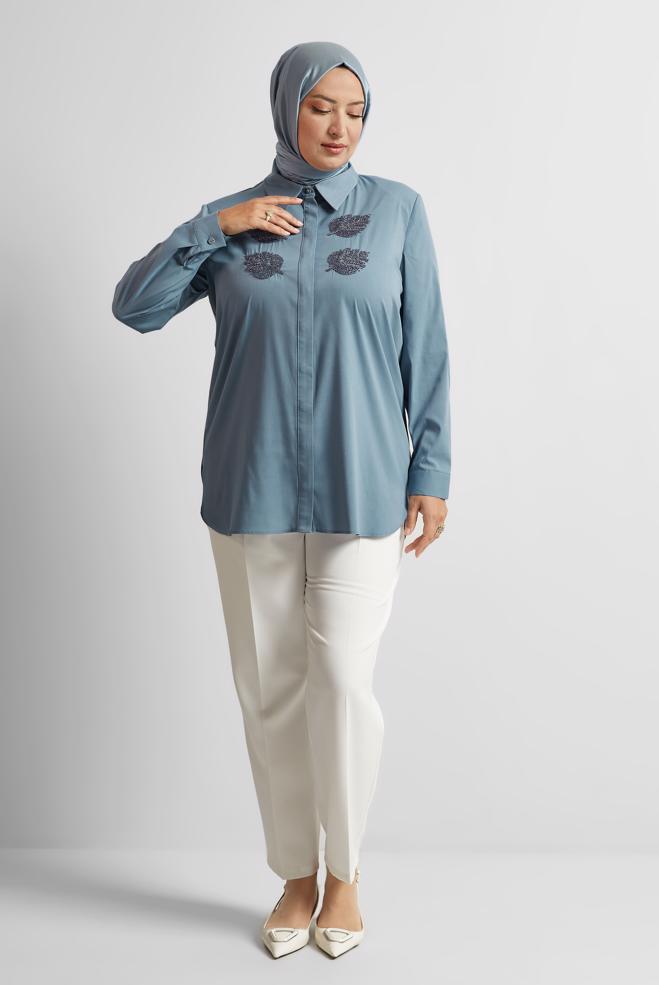 Vêtements hijab BLEU MARINE TUNIQUE À COL CHEMISE 20758 - ALVİNA