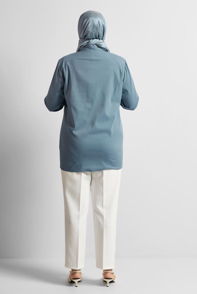Vêtements hijab BLEU MARINE TUNIQUE À COL CHEMISE 20758 - ALVİNA