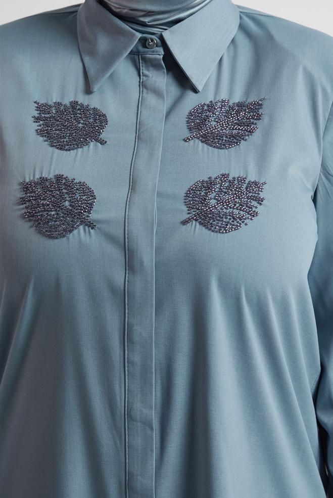 Vêtements hijab BLEU MARINE TUNIQUE À COL CHEMISE 20758 - ALVİNA