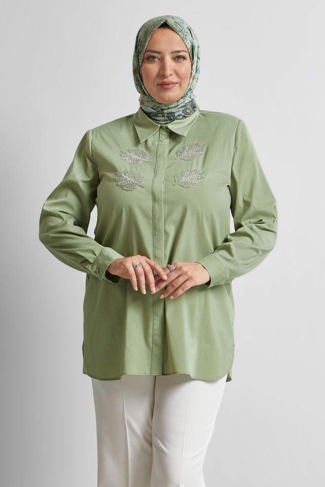 Vêtements hijab VERT TUNIQUE À COL CHEMISE 20758 - ALVİNA