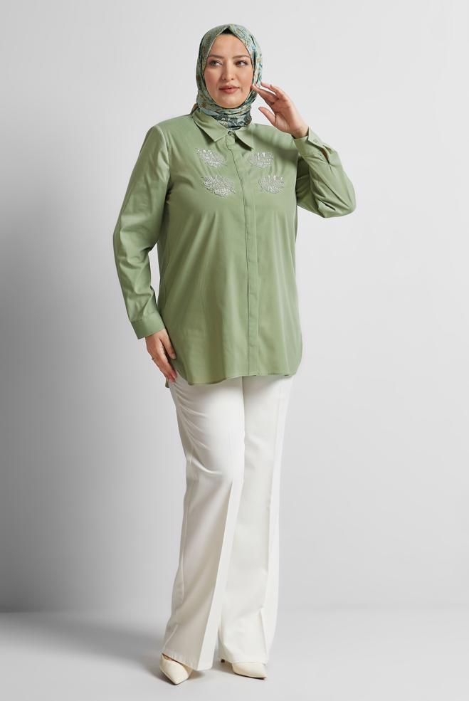 Vêtements hijab VERT TUNIQUE À COL CHEMISE 20758 - ALVİNA