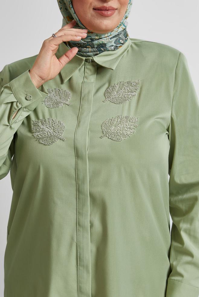 Vêtements hijab VERT TUNIQUE À COL CHEMISE 20758 - ALVİNA