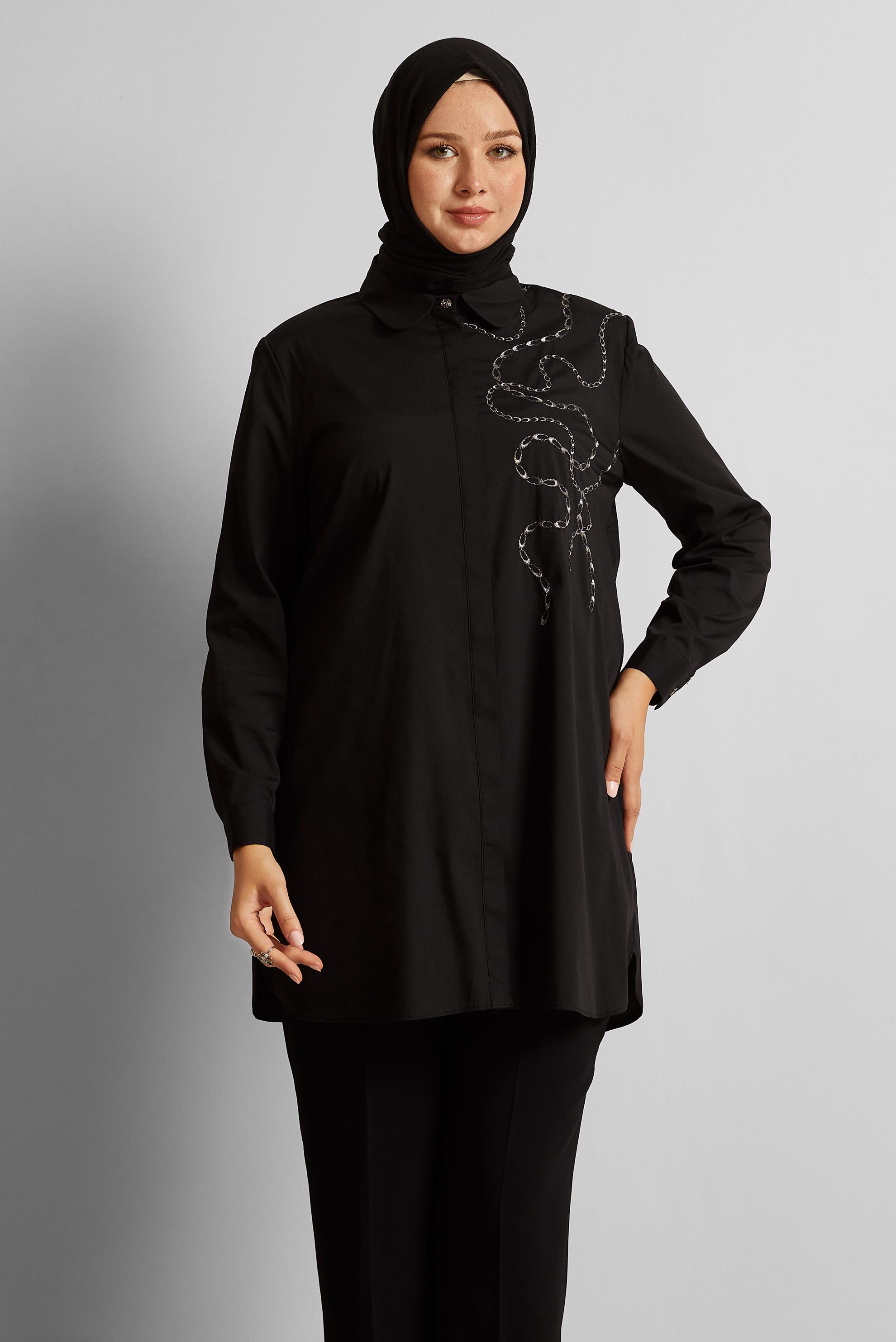 Tesettür giyim SİYAH İŞLEMELİ BÜYÜK BEDEN TUNİK 20760