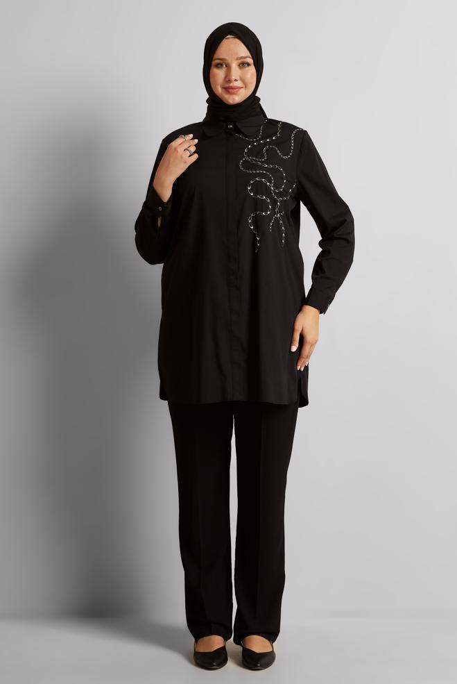 Vêtements hijab NOIR TUNIQUE BRODÉE 20760 - ALVİNA