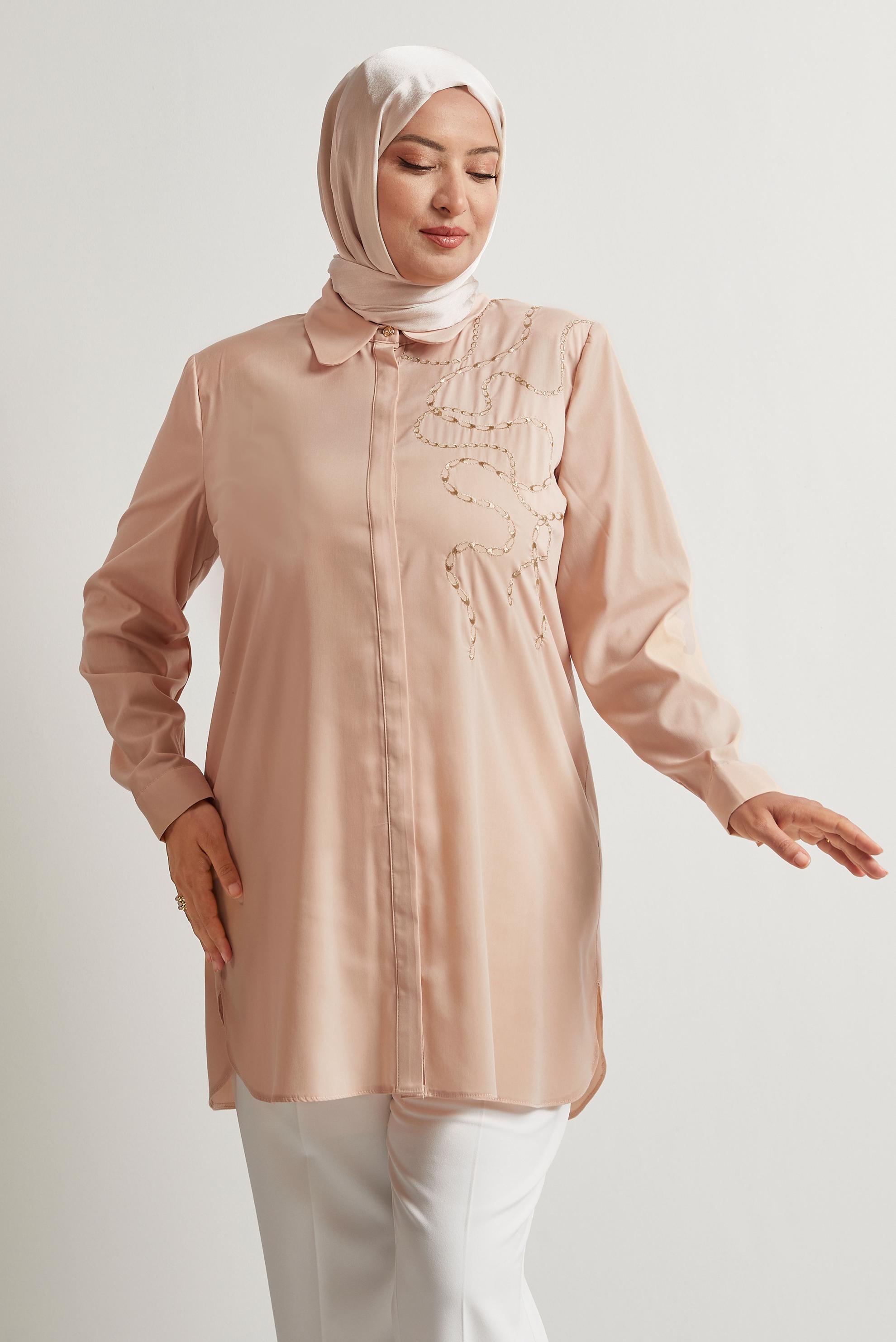Vêtements hijab BEIGE TUNIQUE BRODÉE 20760
