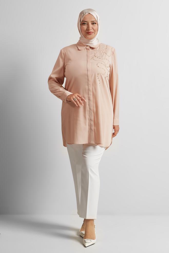 Vêtements hijab BEIGE TUNIQUE BRODÉE 20760 - ALVİNA