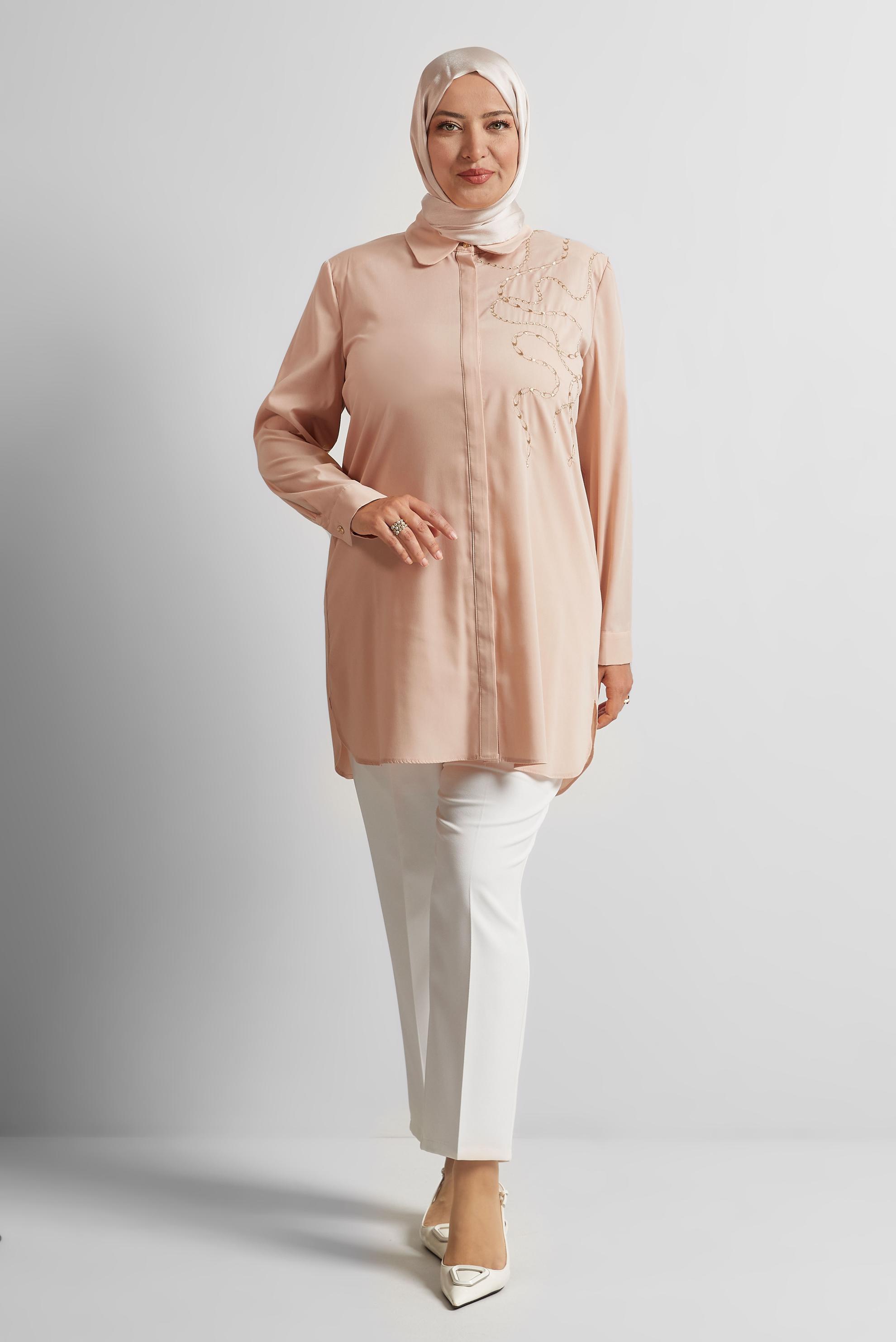Vêtements hijab BEIGE TUNIQUE BRODÉE 20760