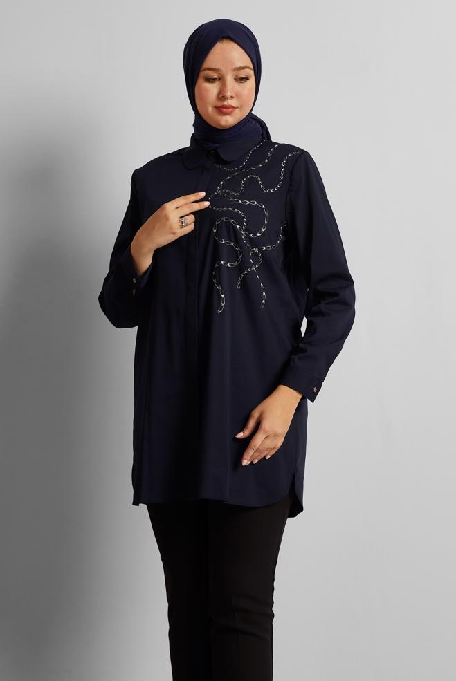 Vêtements hijab BLEU MARINE TUNIQUE BRODÉE 20760 - ALVİNA