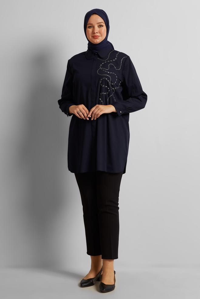 Vêtements hijab BLEU MARINE TUNIQUE BRODÉE 20760 - ALVİNA