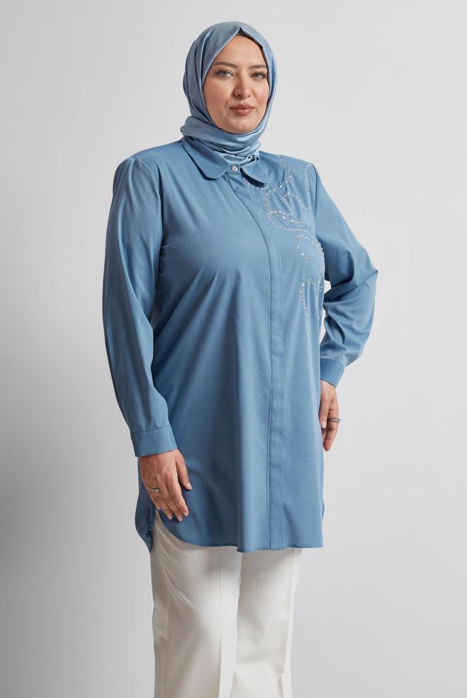 Vêtements hijab BLEU MARINE TUNIQUE BRODÉE 20760 - ALVİNA