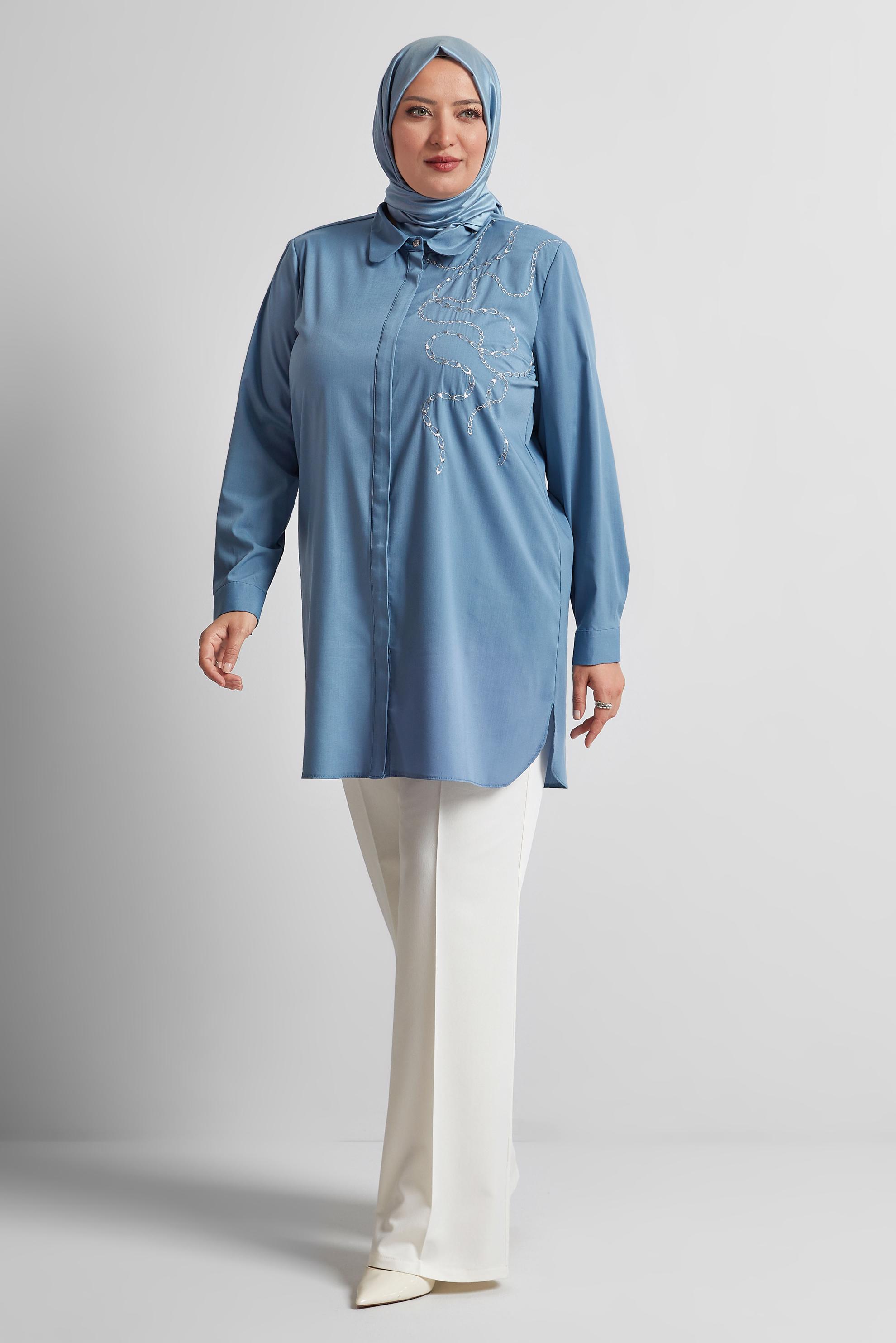Vêtements hijab BLEU MARINE TUNIQUE BRODÉE 20760