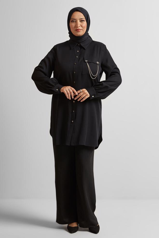 Vêtements hijab NOIR TUNIQUE À DÉTAILS EN CHAÎNE 20761 - ALVİNA