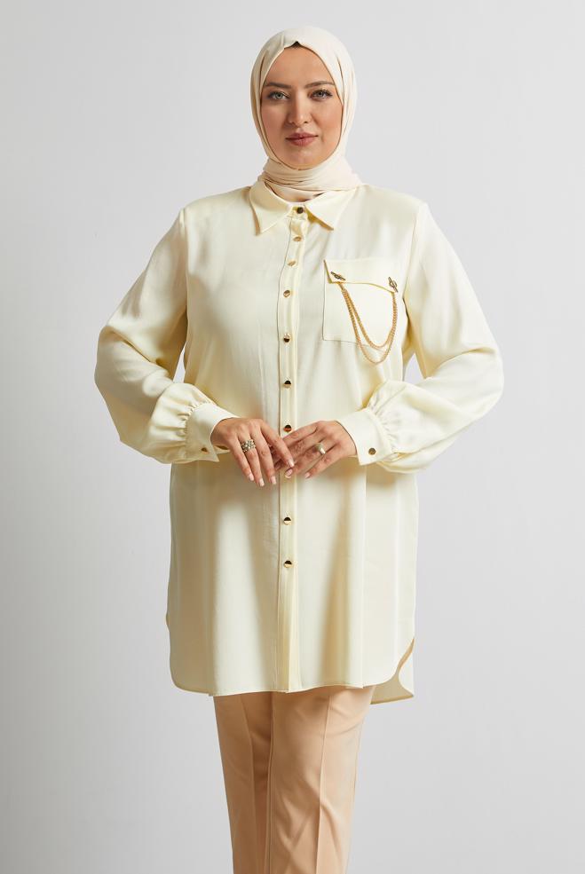 Vêtements hijab ÉCRUE TUNIQUE À DÉTAILS EN CHAÎNE 20761 - ALVİNA