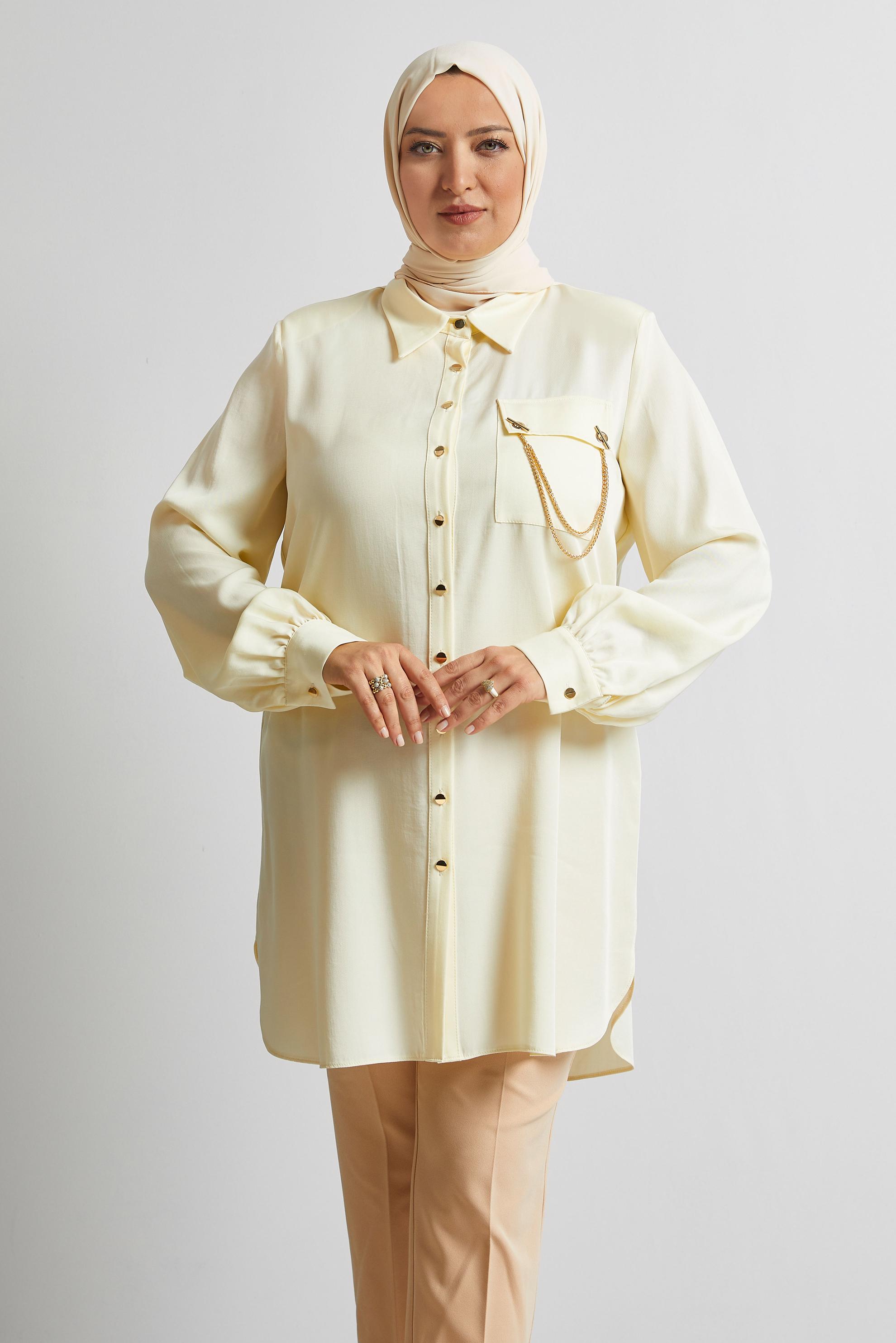 Tesettür giyim EKRU ZİNCİR DETAYLI BÜYÜK BEDEN TUNİK 20761