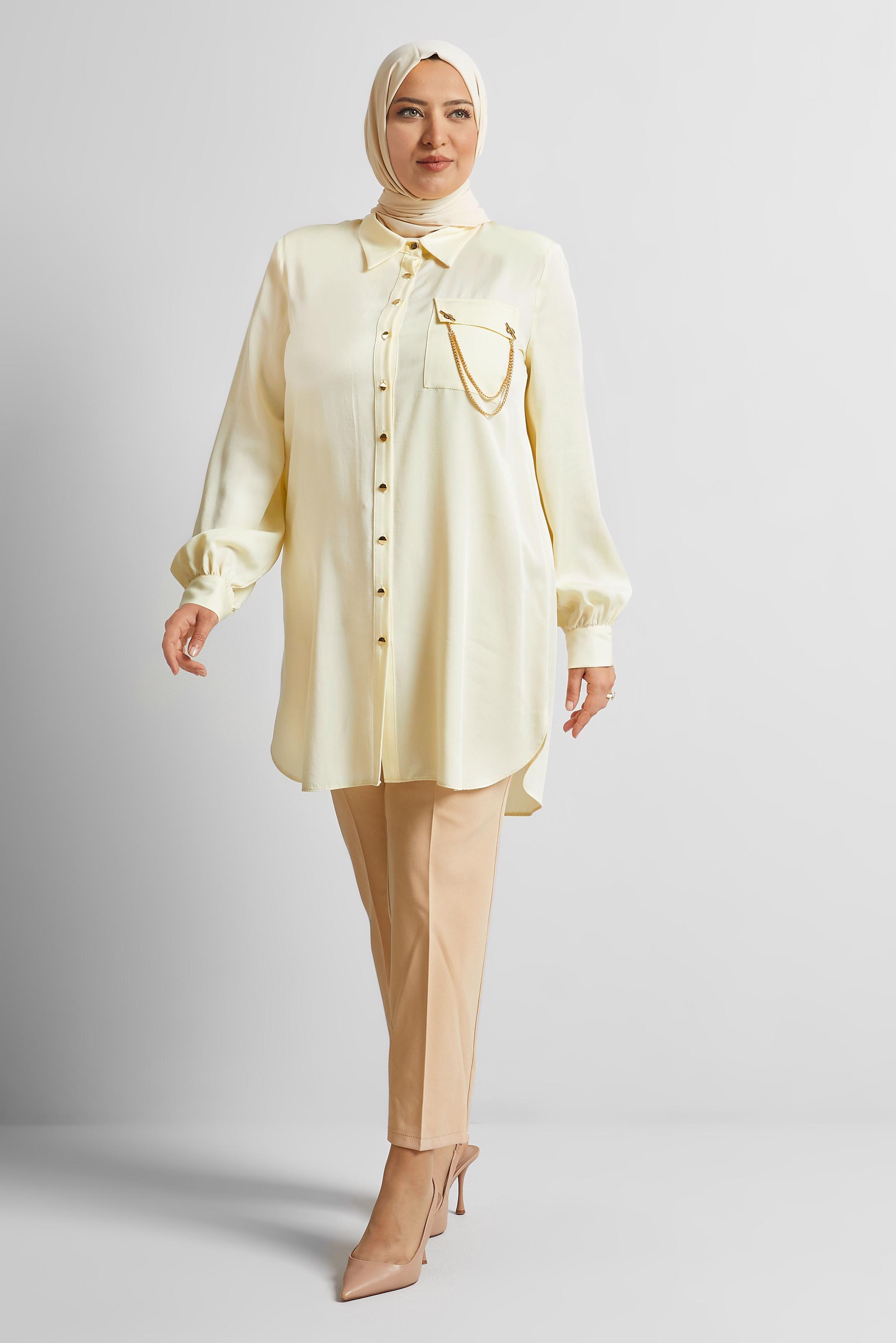 Tesettür giyim EKRU ZİNCİR DETAYLI BÜYÜK BEDEN TUNİK 20761