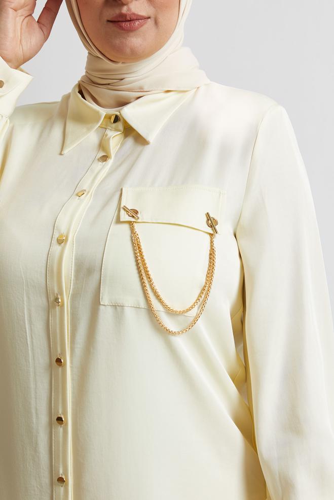 Vêtements hijab ÉCRUE TUNIQUE À DÉTAILS EN CHAÎNE 20761 - ALVİNA