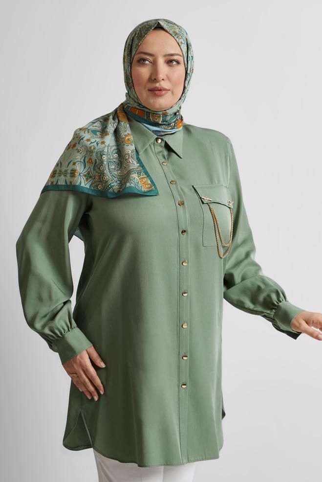 Vêtements hijab VERT TUNIQUE À DÉTAILS EN CHAÎNE 20761 - ALVİNA