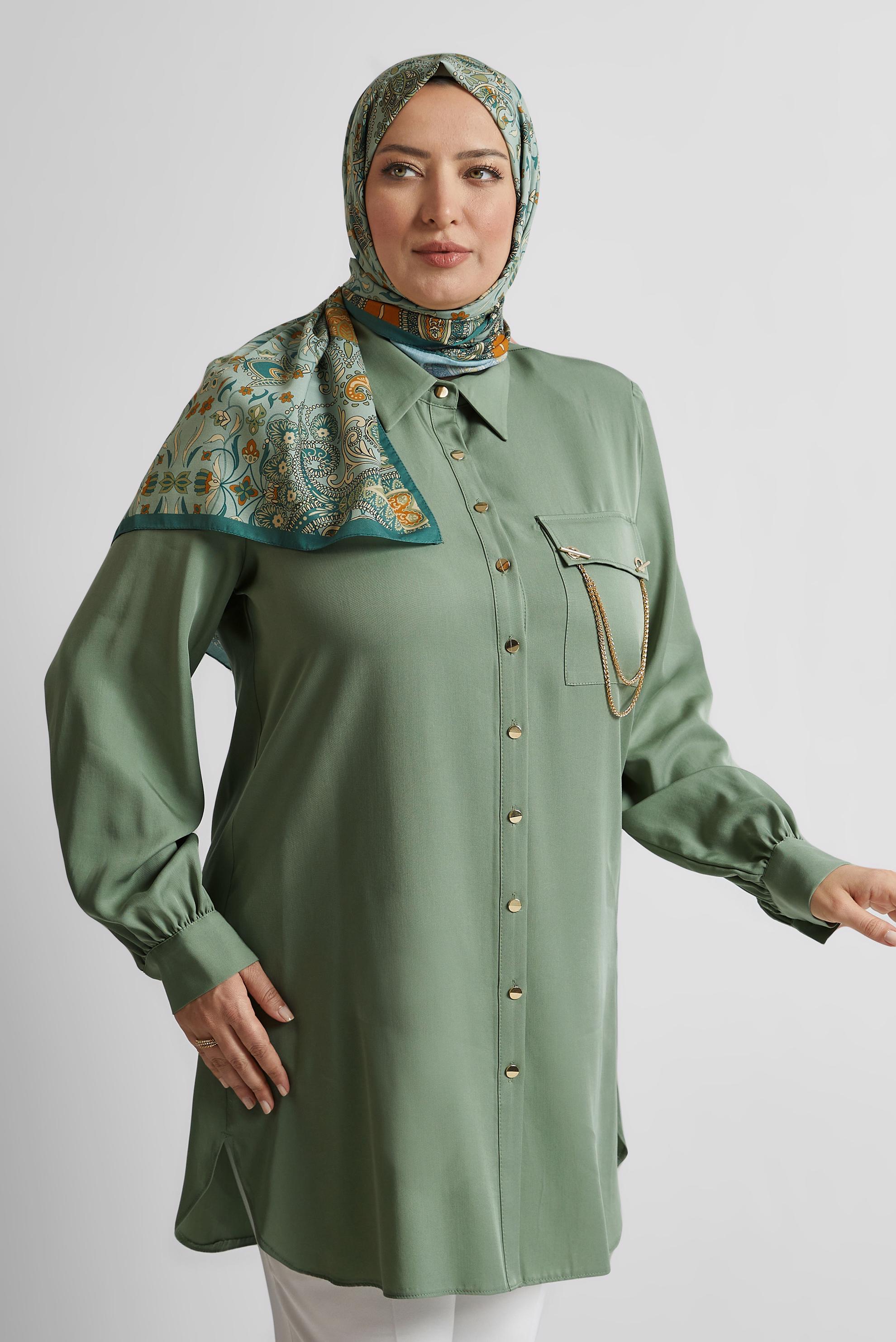 Tesettür giyim YEŞİL ZİNCİR DETAYLI BÜYÜK BEDEN TUNİK 20761