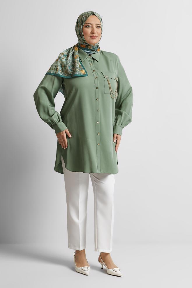 Vêtements hijab VERT TUNIQUE À DÉTAILS EN CHAÎNE 20761 - ALVİNA