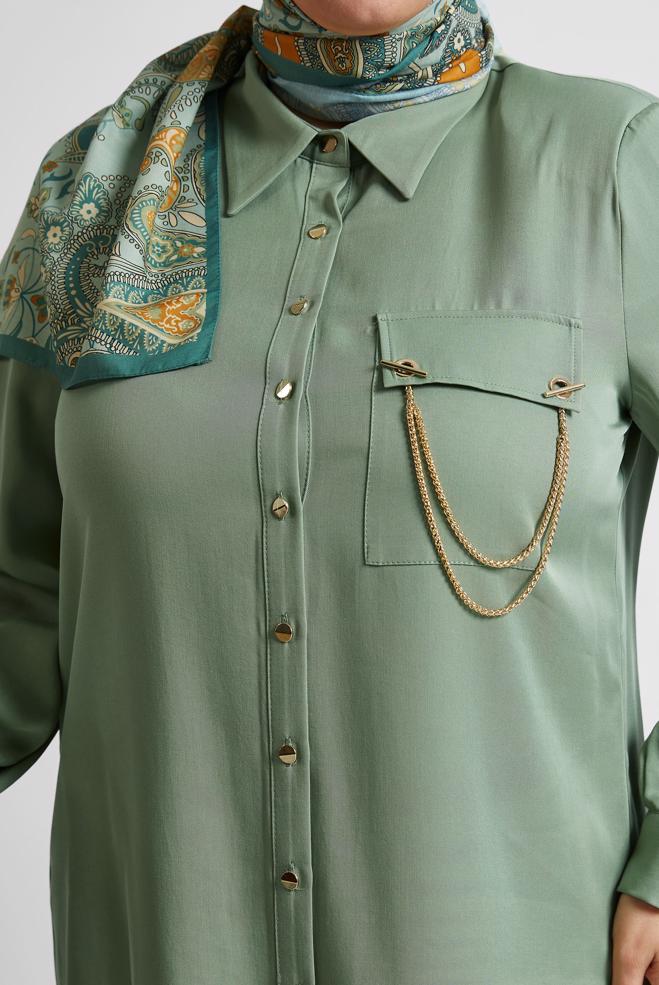 Vêtements hijab VERT TUNIQUE À DÉTAILS EN CHAÎNE 20761 - ALVİNA