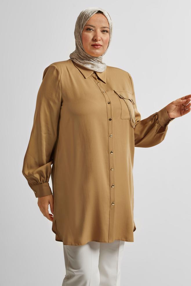 Vêtements hijab BRUN TUNIQUE À DÉTAILS EN CHAÎNE 20761 - ALVİNA