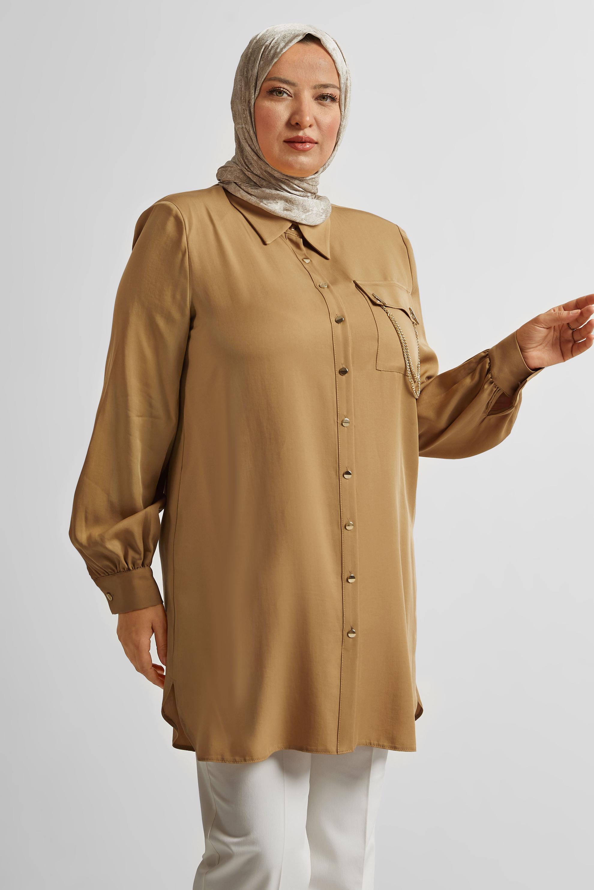 Tesettür giyim KAHVE ZİNCİR DETAYLI BÜYÜK BEDEN TUNİK 20761