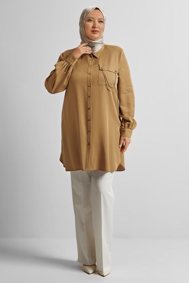 Vêtements hijab BRUN TUNIQUE À DÉTAILS EN CHAÎNE 20761 - ALVİNA