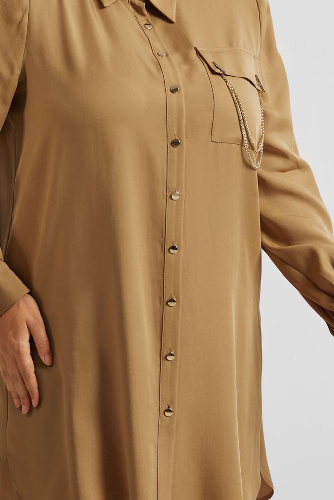 Vêtements hijab BRUN TUNIQUE À DÉTAILS EN CHAÎNE 20761 - ALVİNA